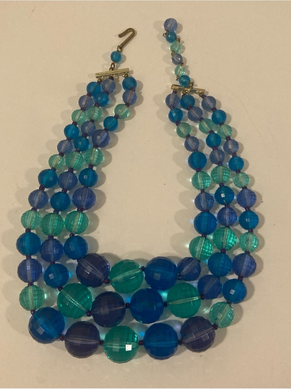 Vintage 3Strand Blue/Aqua/purple Clear Bead Bib Statement Necklace Gold Clasps